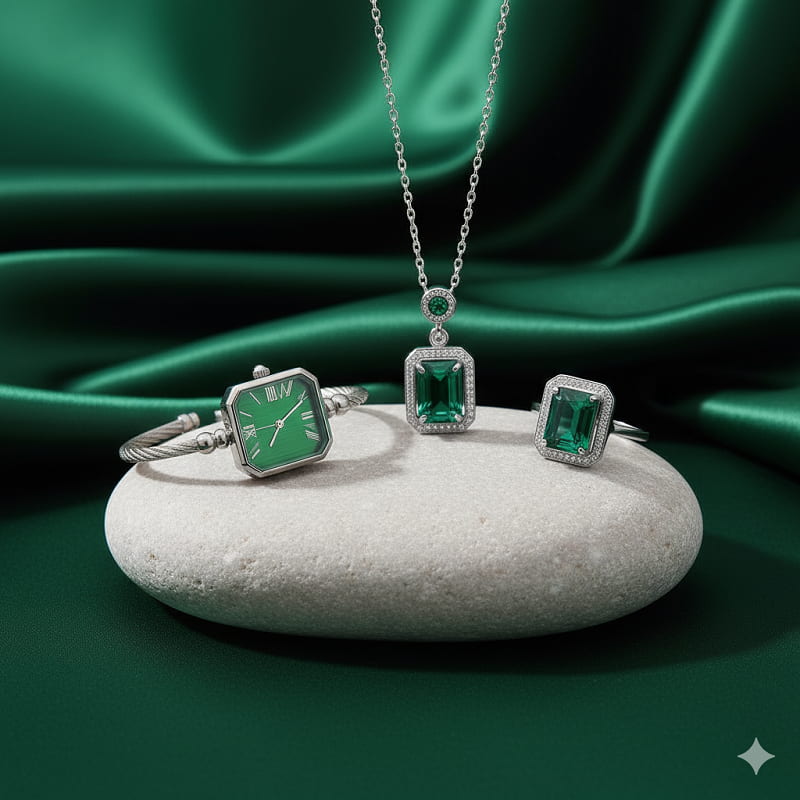 ست زنانه ساعت و گردنبند و انگشتر مدل زمرد-نقره ای