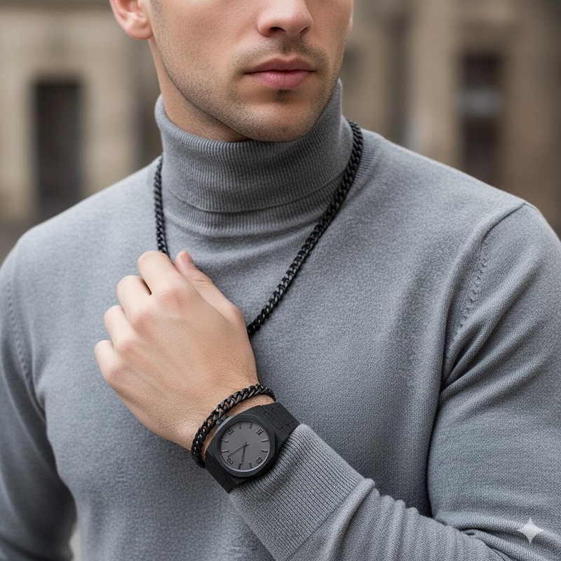 ست مردانه ساعت و دستبند و گردنبند solid black-مشکی