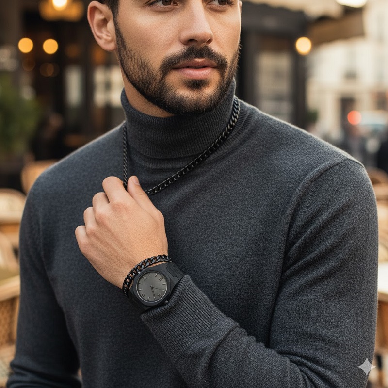 ست مردانه ساعت و دستبند و گردنبند solid black-مشکی