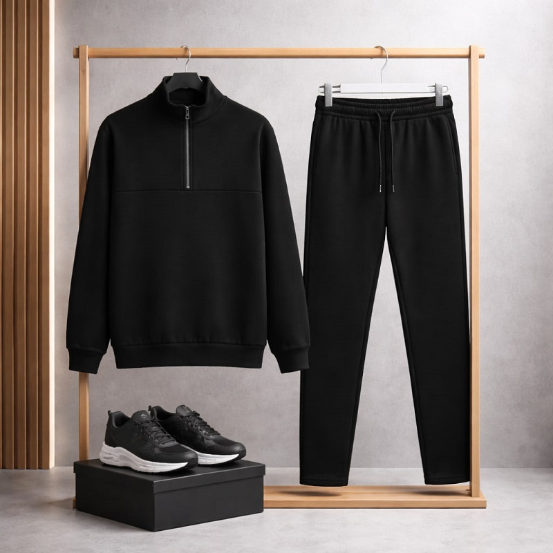 ست مردانه نیم زیپ و شلوار جاگر مدل Behshad-مشکی