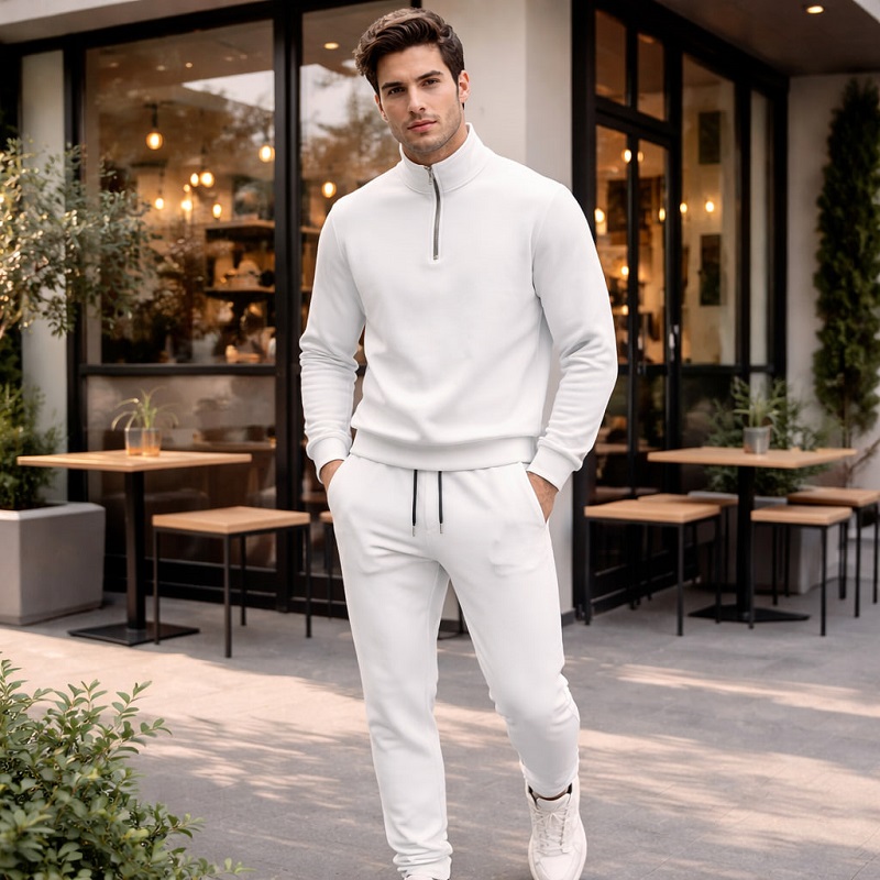 ست مردانه نیم زیپ و شلوار جاگر مدل Behshad-سفید
